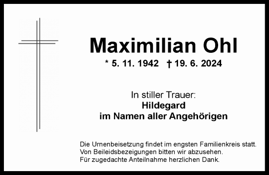 Traueranzeige von Maximilian Ohl von Ansbach