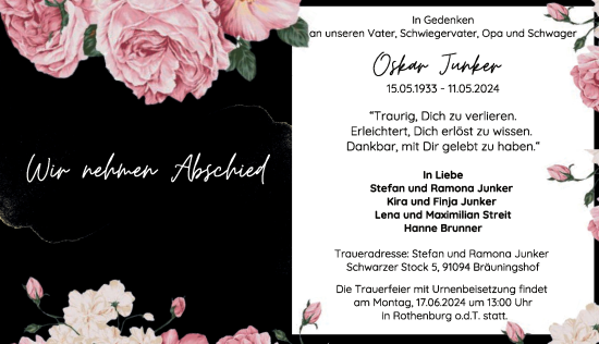 Traueranzeige von Oskar Junker von Rothenburg