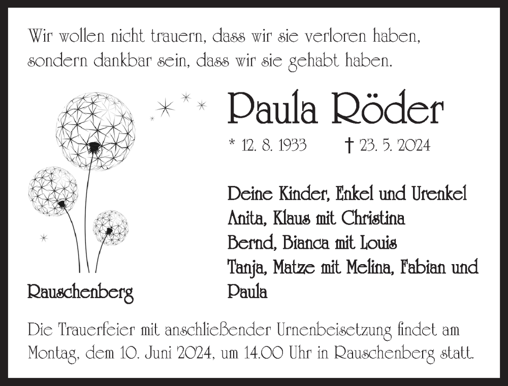  Traueranzeige für Paula Röder vom 07.06.2024 aus Neustadt/ Scheinfeld/ Uffenheim