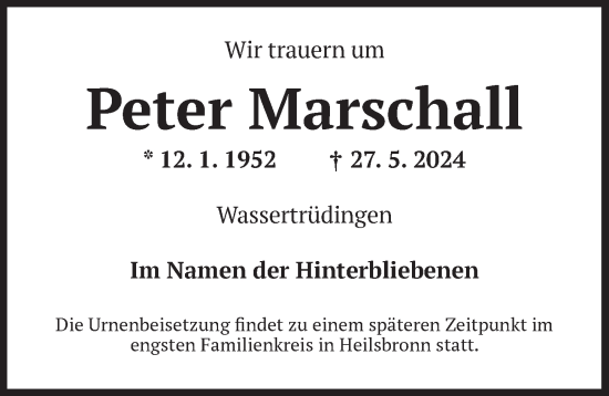 Traueranzeige von Peter Marschall von Dinkelsbühl/ Feuchtwangen