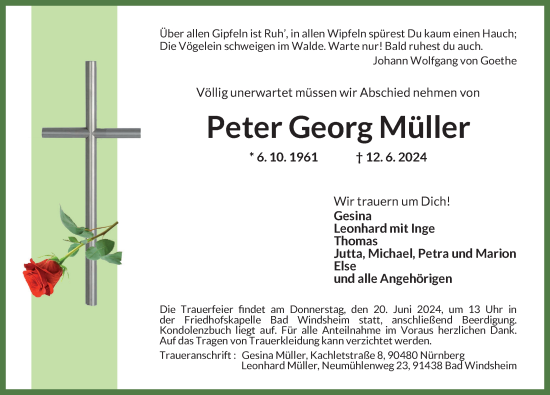 Traueranzeige von Peter Georg Müller von Neustadt/ Scheinfeld/ Uffenheim