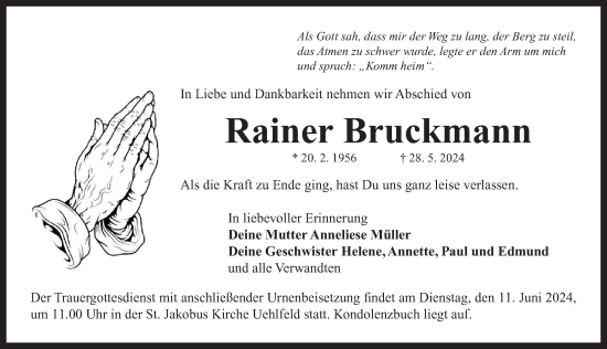 Traueranzeige von Rainer Bruckmann von Neustadt/ Scheinfeld/ Uffenheim