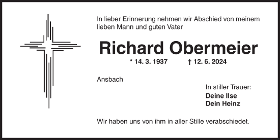 Traueranzeige von Richard Obermeier von Ansbach