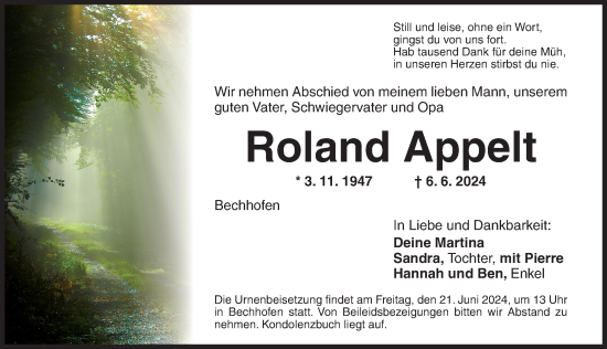 Traueranzeige von Roland Appelt von Ansbach