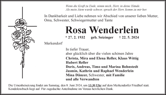 Traueranzeige von Rosa Wenderlein von Ansbach