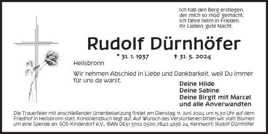 Traueranzeige von Rudolf Dürnhöfer von Ansbach