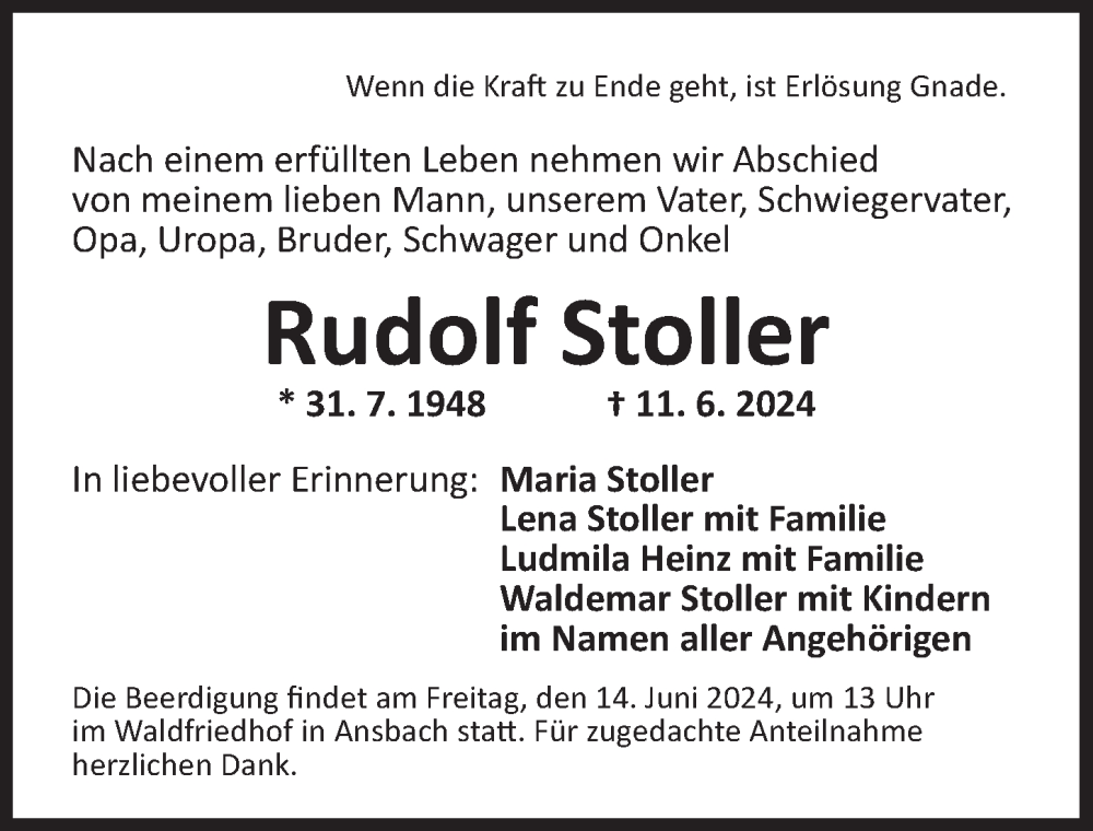  Traueranzeige für Rudolf Stoller vom 13.06.2024 aus Ansbach