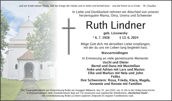 Traueranzeige von Ruth Lindner von Dinkelsbühl/ Feuchtwangen