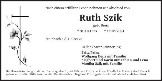 Traueranzeige von Ruth Szik von Rothenburg