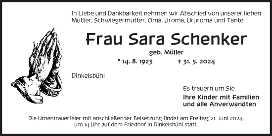 Traueranzeige von Sara Schenker von Dinkelsbühl/ Feuchtwangen