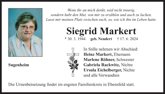 Traueranzeige von Siegrid Markert von Neustadt/ Scheinfeld/ Uffenheim