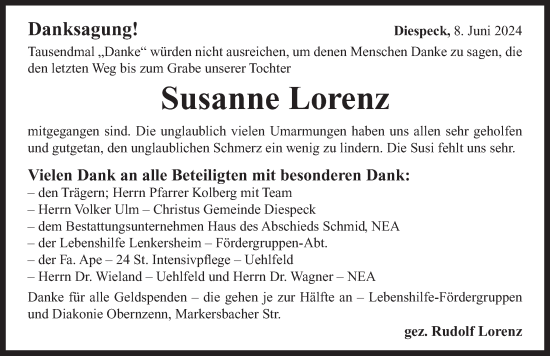 Traueranzeige von Susanne Lorenz von Neustadt/ Scheinfeld/ Uffenheim