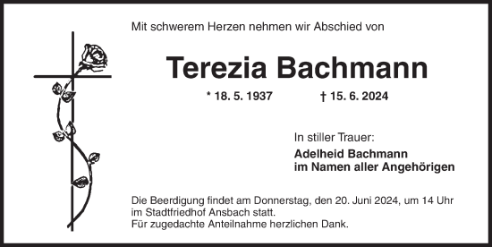 Traueranzeige von Terezia Bachmann von Ansbach
