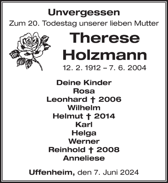 Traueranzeige von Therese Holzmann von Neustadt/ Scheinfeld/ Uffenheim