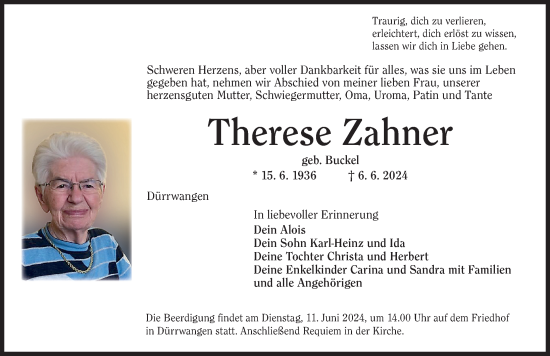 Traueranzeige von Therese Zahner von Dinkelsbühl/ Feuchtwangen