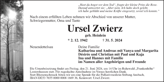 Traueranzeige von Ursel Zwierz von Ansbach