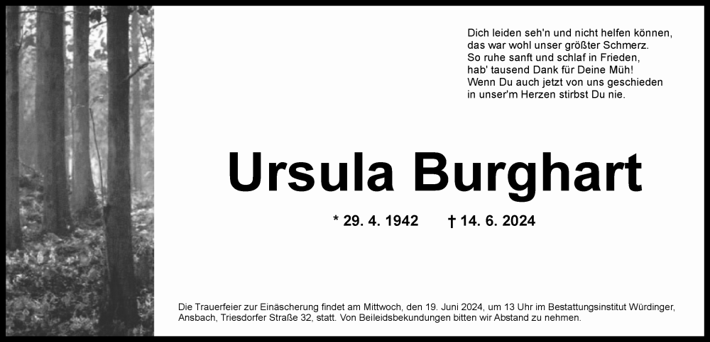  Traueranzeige für Ursula Burghart vom 17.06.2024 aus Ansbach