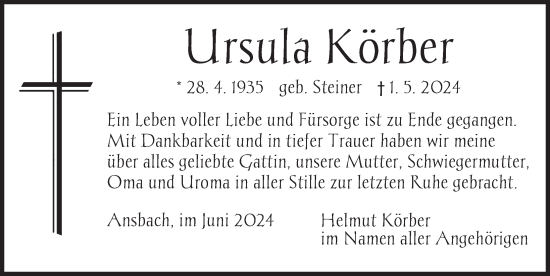 Traueranzeige von Ursula Körber von Ansbach