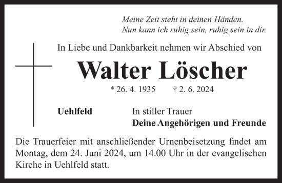 Traueranzeige von Walter Löscher von Neustadt/ Scheinfeld/ Uffenheim