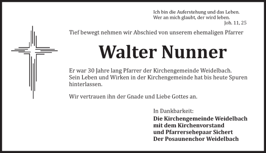 Traueranzeige von Walter Nunner von Dinkelsbühl/ Feuchtwangen