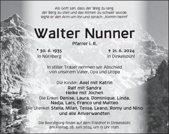 Traueranzeige von Walter Nunner von Dinkelsbühl/ Feuchtwangen