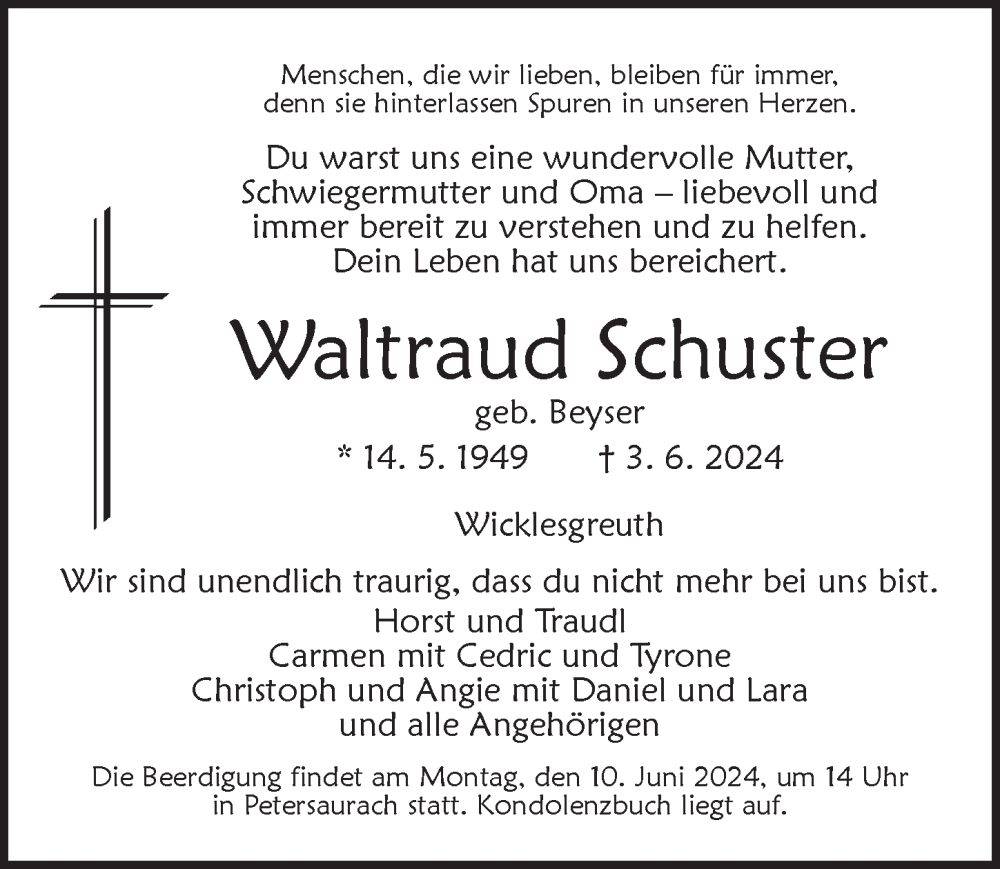  Traueranzeige für Waltraud Schuster vom 08.06.2024 aus Ansbach