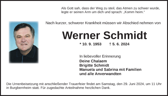 Traueranzeige von Werner Schmidt von Neustadt/ Scheinfeld/ Uffenheim