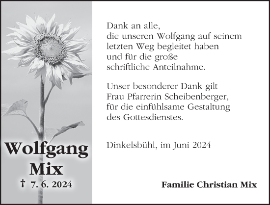 Traueranzeige von Wolfgang Mix von Dinkelsbühl/ Feuchtwangen