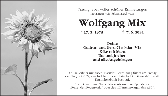 Traueranzeige von Wolfgang Mix von Dinkelsbühl/ Feuchtwangen