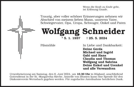 Traueranzeige von Wolfgang Schneider von Ansbach