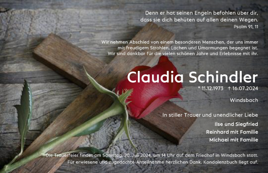 Traueranzeige von Claudia Schindler von Ansbach