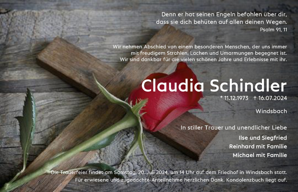  Traueranzeige für Claudia Schindler vom 18.07.2024 aus Ansbach