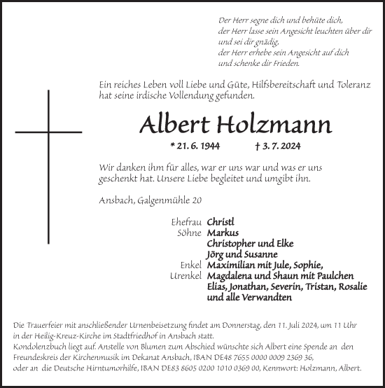 Traueranzeige von Albert Holzmann von Ansbach