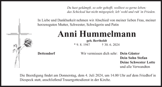 Traueranzeige von Anni Hummelmann von Neustadt/ Scheinfeld/ Uffenheim