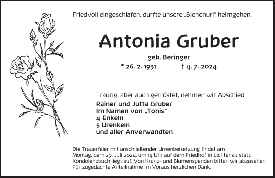 Traueranzeige von Antonia Gruber von Ansbach