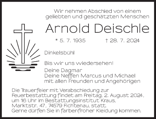 Traueranzeige von Arnold Deischle von Dinkelsbühl/ Feuchtwangen