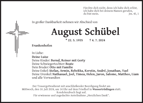 Traueranzeige von August Schübel von Dinkelsbühl/ Feuchtwangen