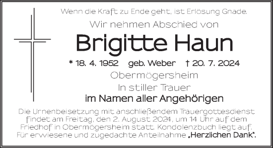 Traueranzeige von Brigitte Haun