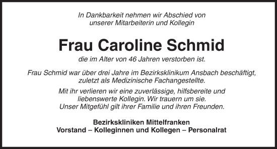 Traueranzeige von Caroline Schmid von Ansbach