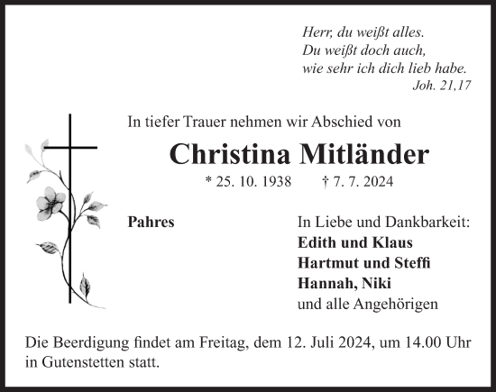 Traueranzeige von Christina Mitländer von Neustadt/ Scheinfeld/ Uffenheim