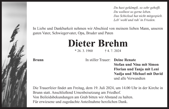 Traueranzeige von Dieter Brehm von Neustadt/ Scheinfeld/ Uffenheim
