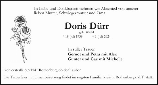 Traueranzeige von Doris Dürr von Rothenburg