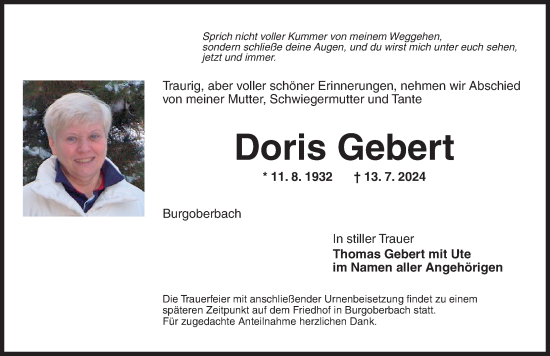 Traueranzeige von Doris Gebert von Ansbach