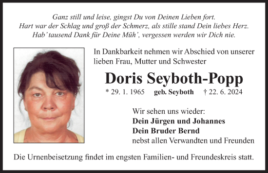 Traueranzeige von Doris Seyboth-Popp von Neustadt/ Scheinfeld/ Uffenheim