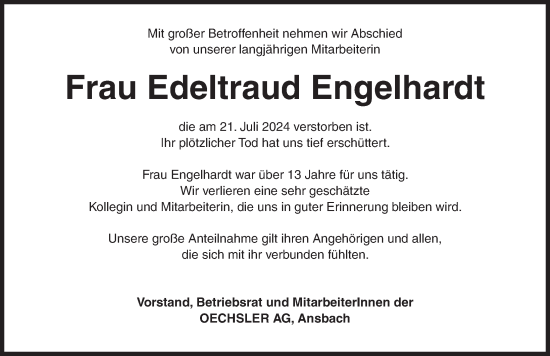 Traueranzeige von Edeltraud Engelhardt von Ansbach