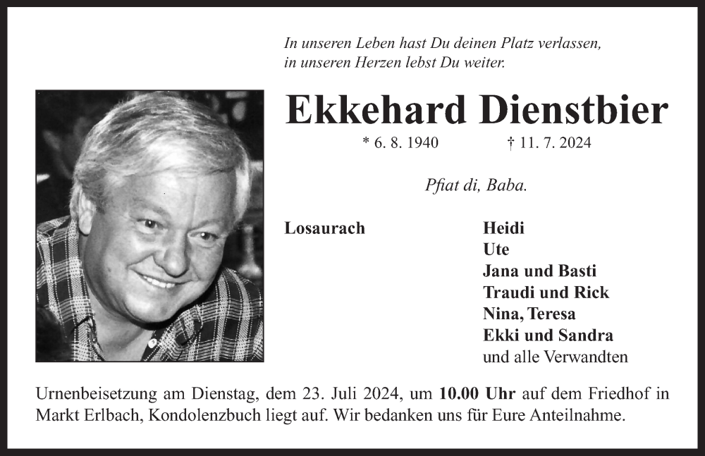  Traueranzeige für Ekkehard Dienstbier vom 19.07.2024 aus Neustadt/ Scheinfeld/ Uffenheim