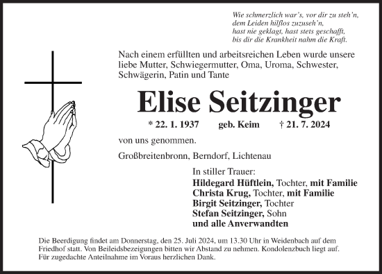 Traueranzeige von Elise Seitzinger von Ansbach