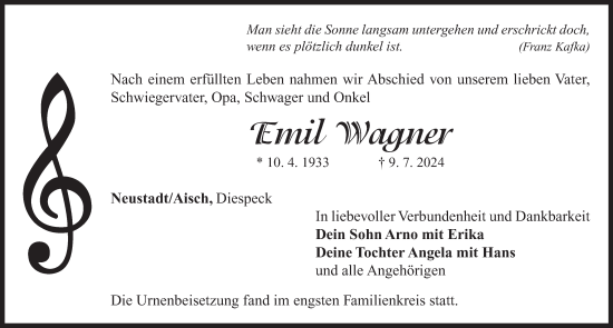 Traueranzeige von Emil Wagner von Neustadt/ Scheinfeld/ Uffenheim