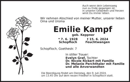 Traueranzeige von Emilie Kampf von Dinkelsbühl/ Feuchtwangen