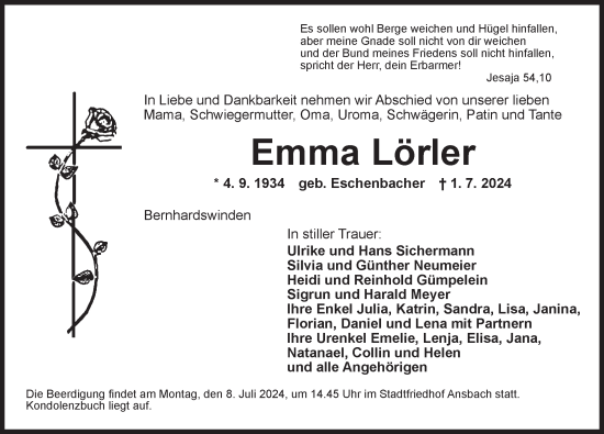 Traueranzeige von Emma Lörler von Ansbach